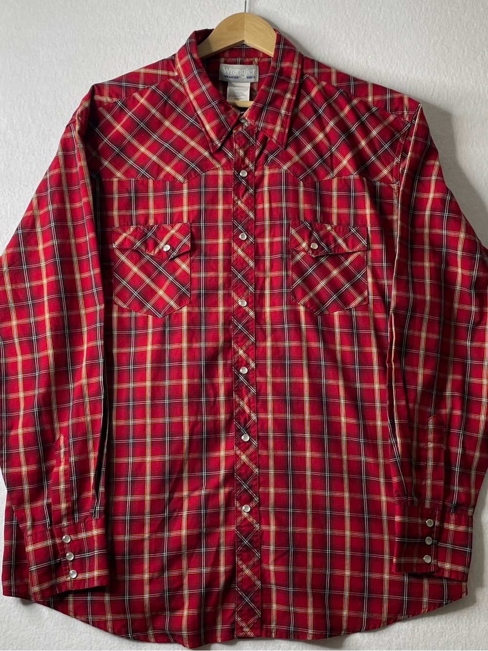 Wrangler Rancher Shirt Men's XXL Red Plaid Pearl Snap Western Long Sleeve